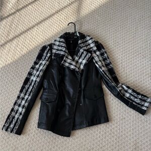 White House Black Market Leather Jacket with Plaid Sleeves